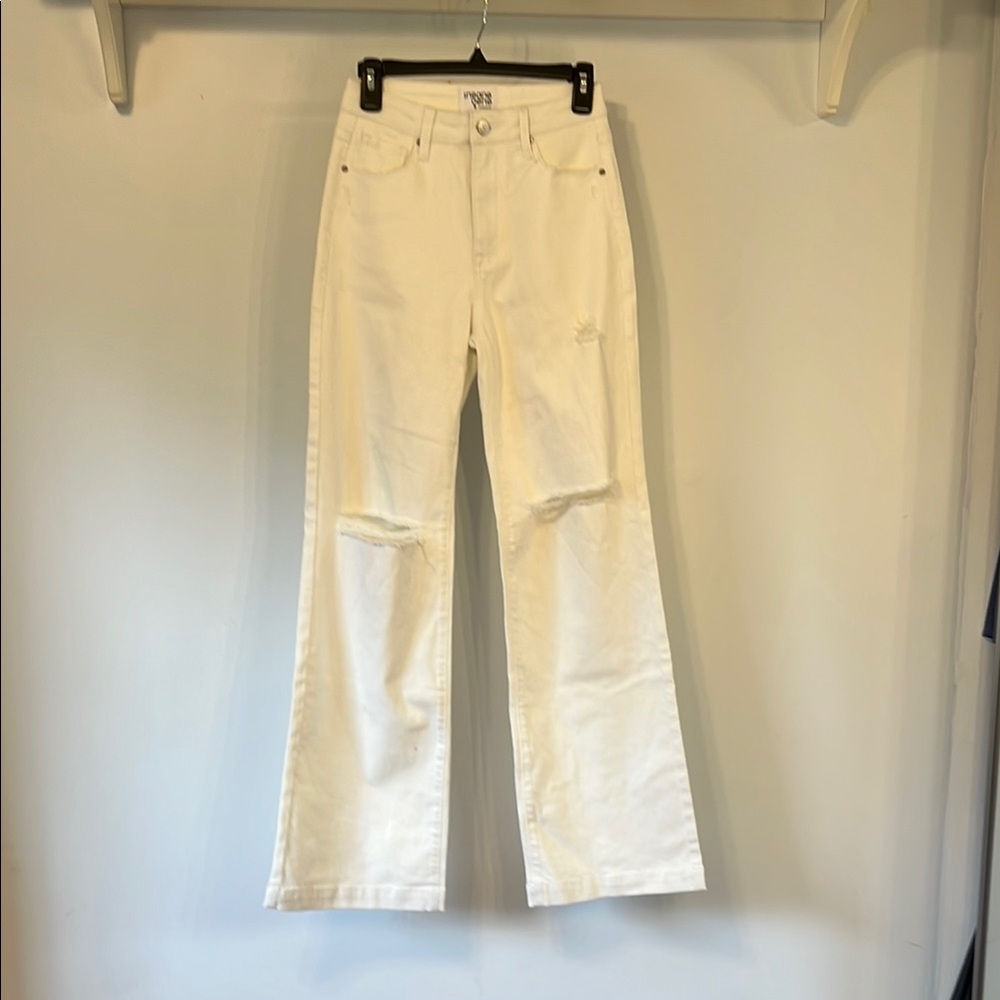 Cream Flare Wide‎ Leg Jeans with Distressed Details